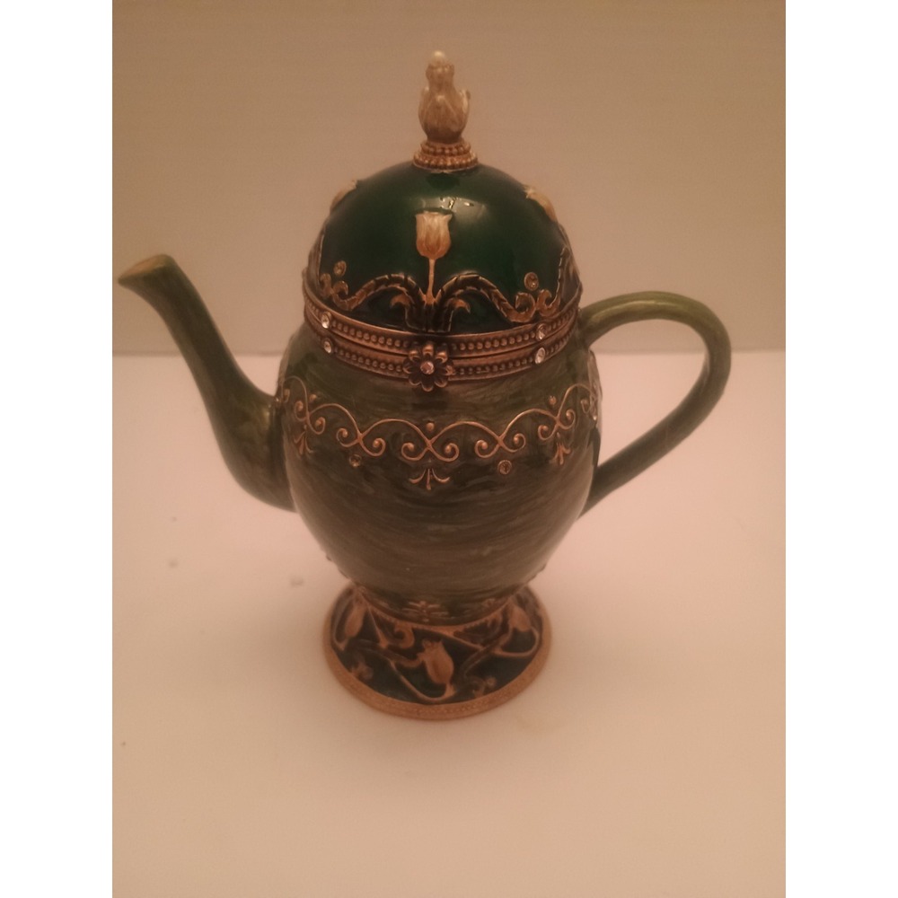 Vintage Green Cloisonne Teapot Trinket Music Jewelry Box Brass Enamel Gold Gems